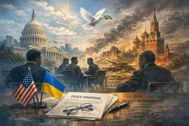 A symbolic editorial illustration representing Ukraine's August 2026 peace proposals, showing a document on a table with Ukrainian, U.S., and Russian flags in the background, sugge