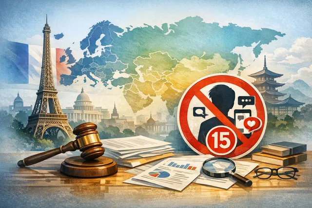A collage of European and Asian flags with social media icons and age restriction symbols, representing new laws in France, UAE, Japan, and Italy.