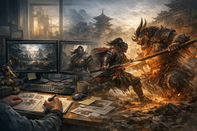 Stylized editorial artwork representing Black Myth: Zhong Kui, a sword-wielding demon fighter in a mythological Chinese setting