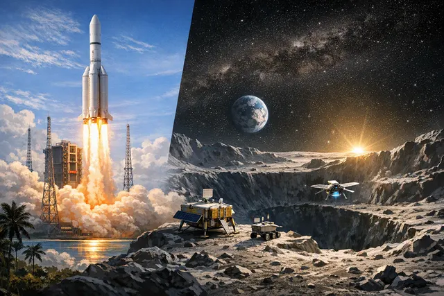 Illustration of China’s Chang’e 7 mission exploring the Moon’s south pole with an orbiter, lander, rover and hopping probe