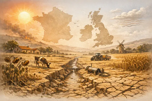A parched, cracked field under a blazing sun with wilted maize plants, symbolizing Europe's 2026 summer heatwave and drought's impact on agriculture.