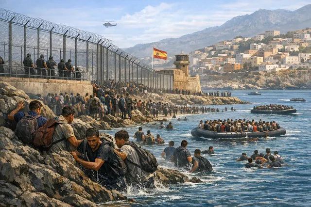 AI-generated editorial hero image representing the Ceuta migrant crisis in 2026, showing a border fence and crowds near the Mediterranean coast.