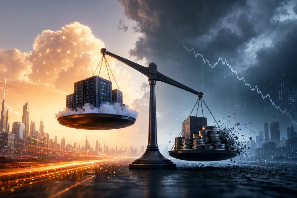 Illustration representing Alibaba’s AI and cloud growth contrasted with declining profitability in FY2026 earnings