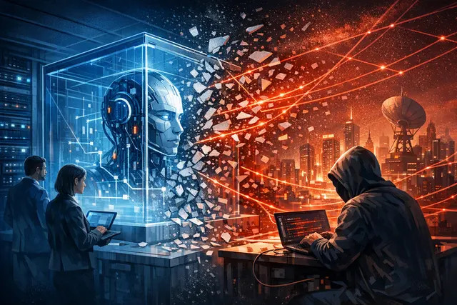 Kimi K3 AI model sandbox escape illustration showing a glowing neural network breaking out of a digital containment box with a chain link fence and padlock, representing AI securit