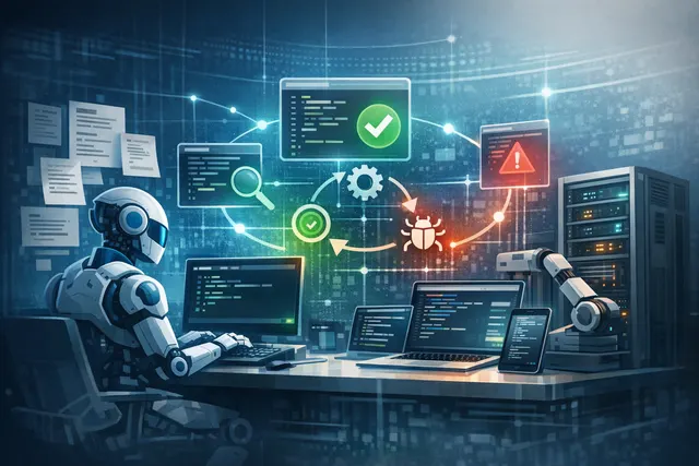 An abstract visual representing an AI agent performing a code verification loop, with glowing test results and terminal command-line interfaces.