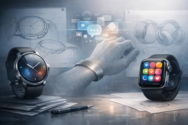 Concept illustration of future Apple Watch designs including round display and screenless wearable form factors