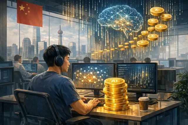 An abstract 3D visualization of glowing data tokens flowing through a digital network, representing AI token consumption in China's tech economy.