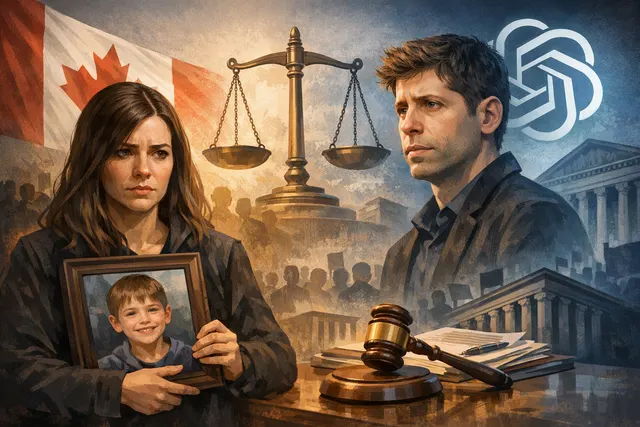 Editorial illustration symbolizing a lawsuit filed against OpenAI over ChatGPT interactions involving suicide and mental health crisis