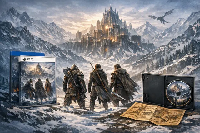 The Lord of the Rings: War in the North – Legacy Edition key art showing three heroes — a Ranger, an Elf, and a Dwarf — standing together in a snowy mountainous landscape with a ri