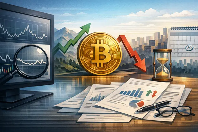 Editorial illustration representing Bitcoin volatility compression and a potential 30% market move