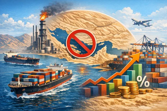 A container ship sails through open water, representing global shipping trade and the surge in freight rates.