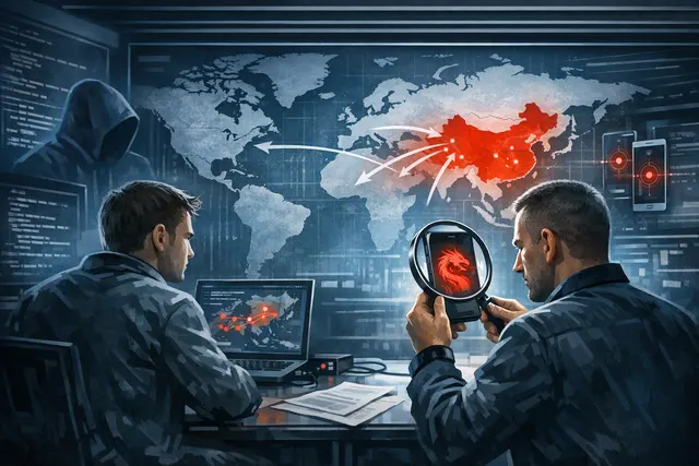 Abstract digital illustration representing LightSpy spyware's global expansion to 13 countries, showing network nodes and surveillance symbols