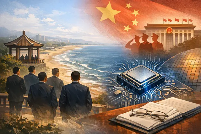 AI-generated editorial image showing a conceptual representation of China's Beidaihe summer retreat and chip technology strategy