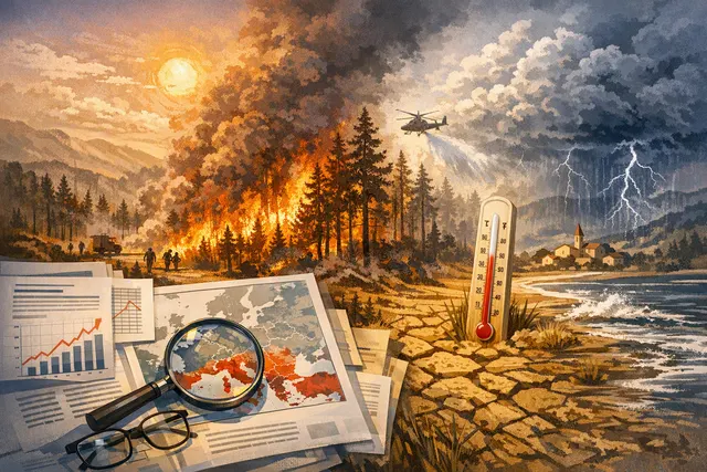 Aerial view of a massive wildfire burning through a forested landscape in Europe, with thick smoke billowing across hills and an orange sky, illustrating the extreme fire weather c