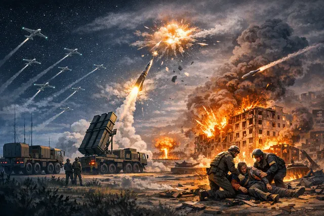 AI-generated editorial illustration about long-range drone and missile attacks in the Russia-Ukraine war