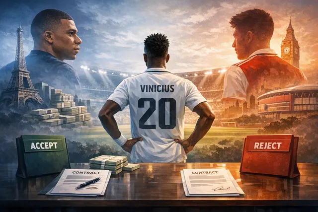 Vinicius Junior of Real Madrid in action, with contract documents and Arsenal and Real Madrid logos overlaid.