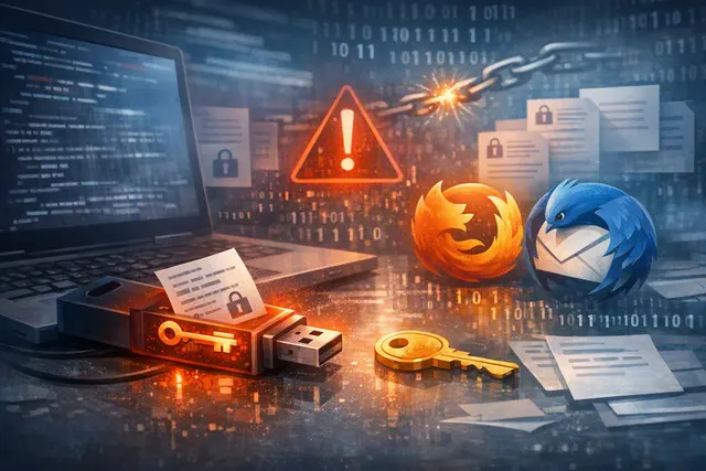 An abstract digital illustration representing a cryptographic key being exposed in a GitHub repository, with glowing binary code and a shield symbolizing compromised security.