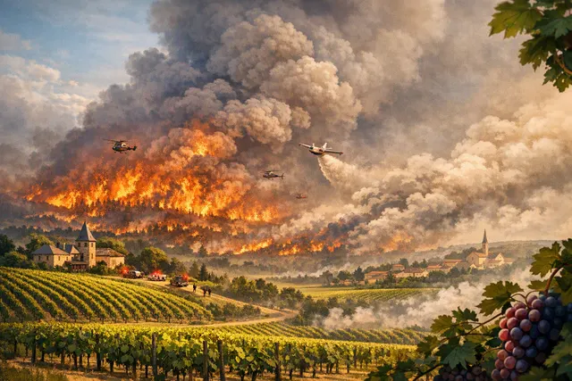 A dramatic aerial view of a massive wildfire burning through pine forests west of Bordeaux, with a thick orange smoke plume drifting over the landscape