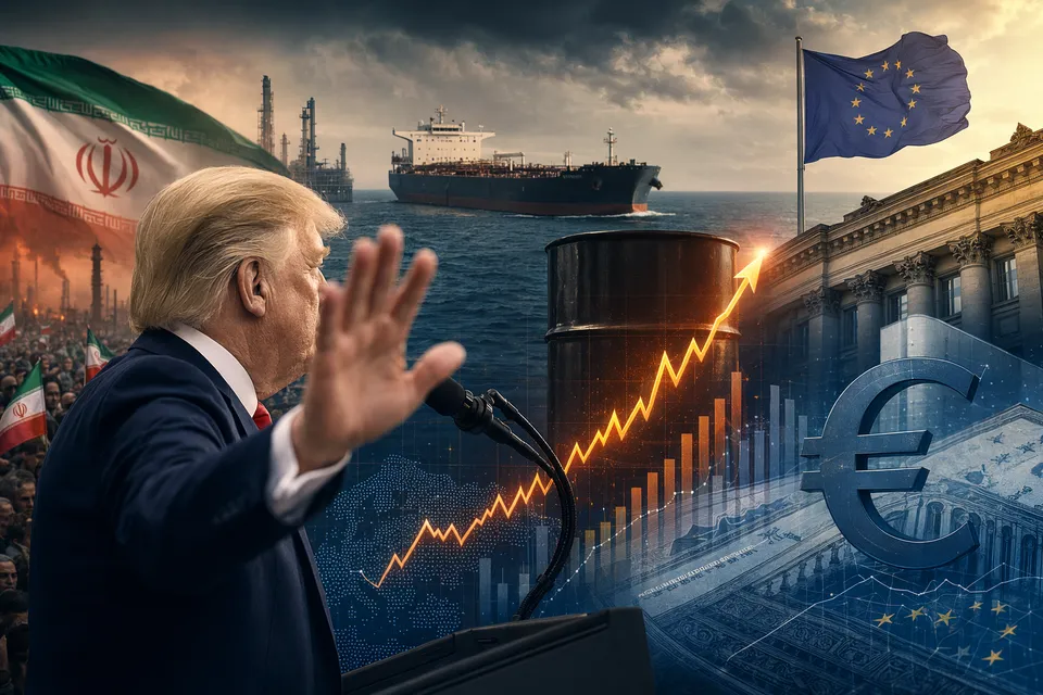 Editorial illustration of oil markets and euro-zone bond yields reacting to the Iran and Strait of Hormuz crisis