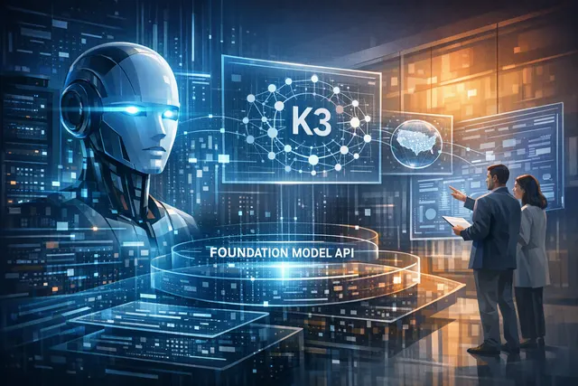 Databricks and Moonshot AI Kimi K3 integration announcement, showing a futuristic AI data pipeline and cloud architecture visualization
