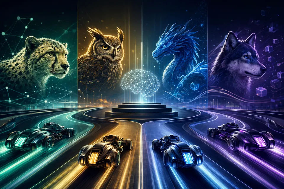 Editorial illustration of GPT-5.5, Claude Opus 4.7, DeepSeek V4 and Kimi K2.6 compared across AI benchmark categories