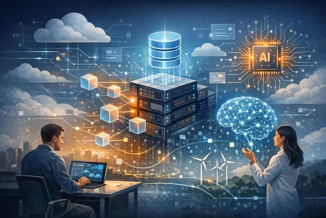 Abstract illustration of distributed AI inference connected to a real-time in-memory data layer