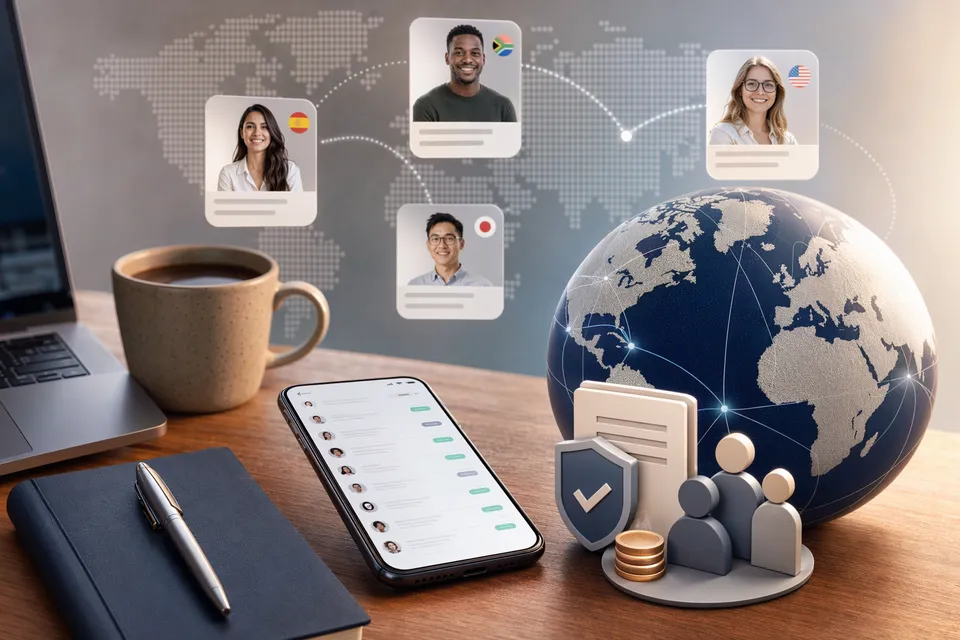 Illustration representing a global payroll and hiring platform connecting distributed teams across countries