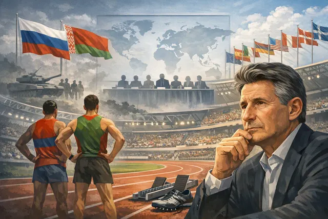 World Athletics president Sebastian Coe, a two-time Olympic gold medalist, pictured in a formal setting, representing his organization's stance on the ban of Russian and Belarusian