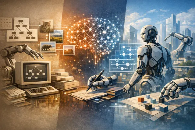 Editorial illustration showing the evolution of artificial intelligence from rule-based prediction to generative models and autonomous AI agents