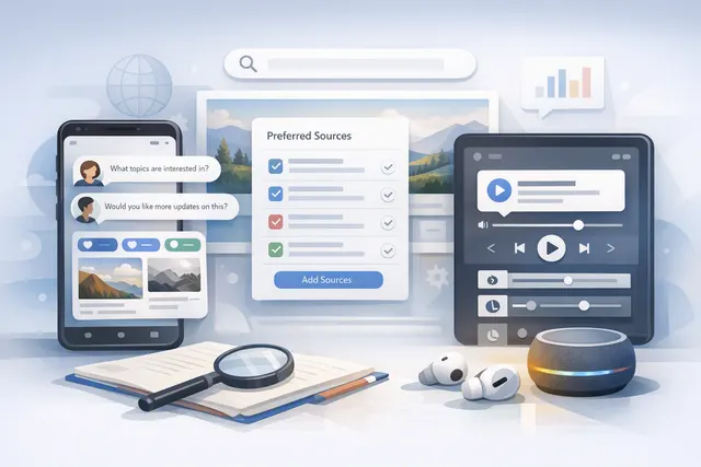 Illustration of Google Discover, Search and News personalization features connected by conversational AI controls