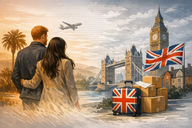 Editorial illustration of Prince Harry and Meghan’s reported return from California to Britain with their children