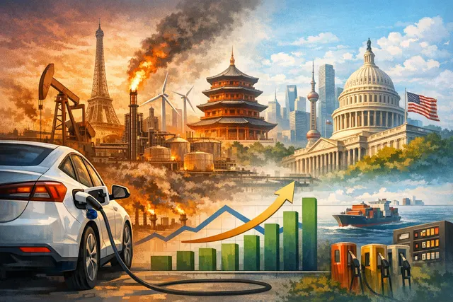 Global map with glowing EV charging points and rising sales graph illustrating the 35% Q2 2026 EV sales surge driven by the oil crisis