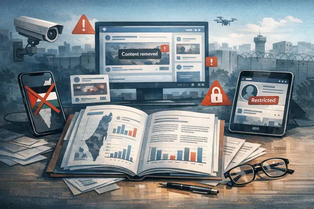 An abstract digital illustration representing the concept of platformicide, showing a human figure being erased or censored by digital platform controls.