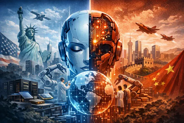 Editorial illustration of the U.S.-China artificial intelligence and reusable rocket competition