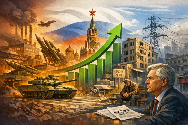 Abstract visualization of Russia's two-tier wartime economy, with defense industry growth diverging from civilian sector contraction