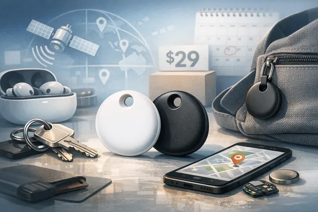 Render of the Google Pixel Tag and Pixel 11 phone showing the pill-shaped Bluetooth tracker design