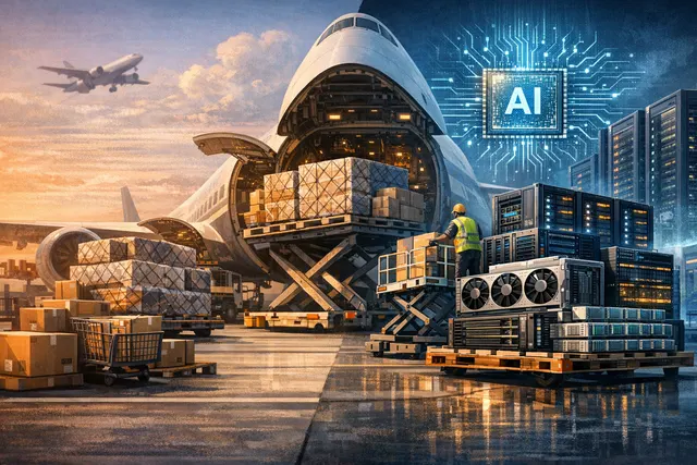 Cargo plane being loaded with AI server racks and semiconductor equipment at an Asian airport, illustrating the shift from e-commerce to AI hardware as the primary growth driver fo