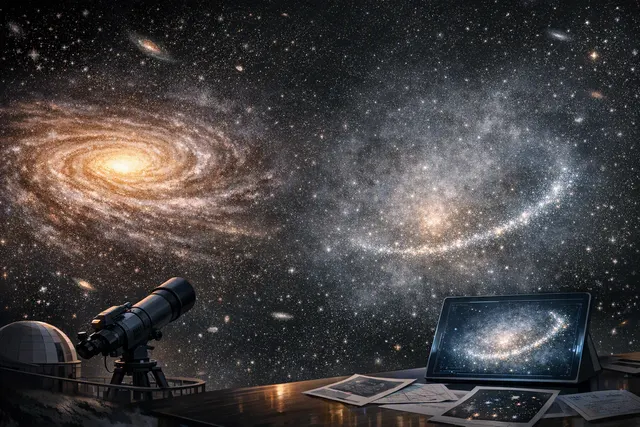 Artist's illustration of a faint stellar stream — a thin, curved ribbon of stars — stretching away from a globular cluster in the ultra-diffuse galaxy UGC 9050-Dw1, 115 million lig