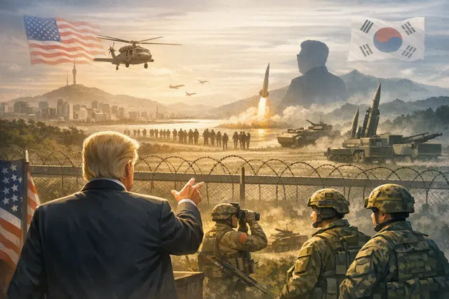 Illustration of the U.S.–South Korea military alliance and North Korea amid debate over reduced Ulchi Freedom Shield exercises