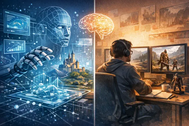Abstract illustration representing human game creators working alongside generative AI tools in a PlayStation-style development environment