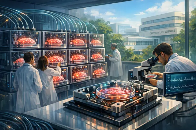 Illustration of a biological data centre rack containing living-neuron computing units connected to silicon electronics and life-support systems