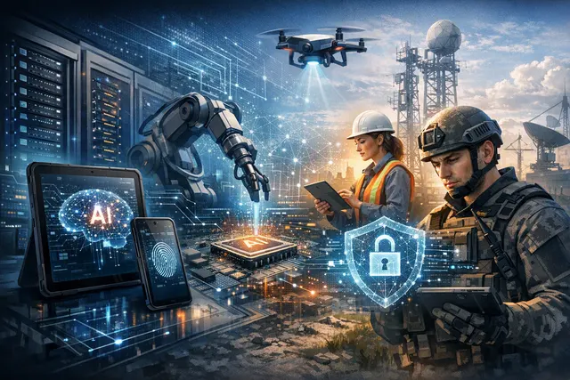 Conceptual illustration of secure enterprise AI running on Samsung Galaxy devices in frontline and public-safety settings