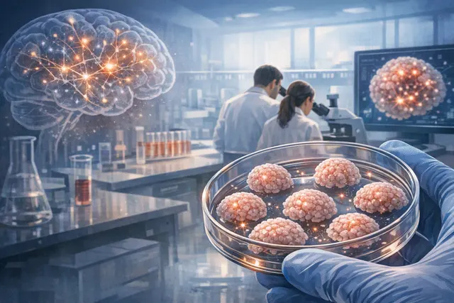 Illustration of human cortical brain organoids developing in laboratory culture over five years