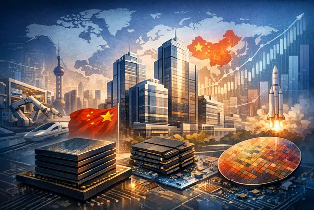 Abstract illustration of semiconductor wafers and memory chips symbolizing China's rise in NAND and DRAM markets