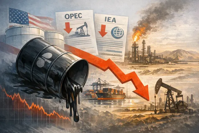 AI-generated illustration of crude oil barrels and falling price charts representing the August 2026 oil market selloff