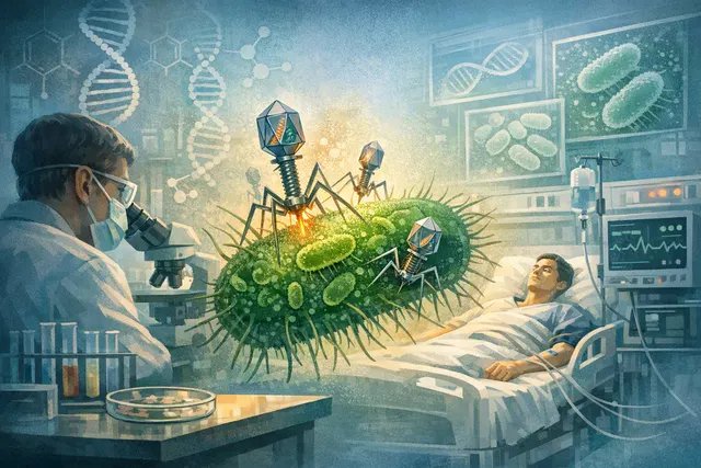Microscopic visualization of bacteriophages attacking a bacterium, representing CRISPR-armed phage therapy