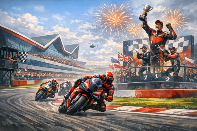 AI-generated illustration of the 2026 MotoGP British Grand Prix at Silverstone, featuring Raul Fernandez leading Aprilia's podium sweep.