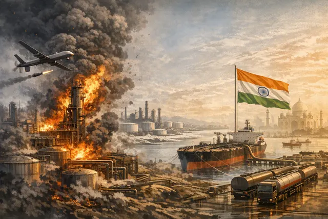 Editorial illustration of drones, an oil refinery and gasoline tankers linking India and Russia during a fuel-supply crisis