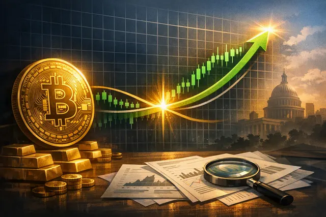 Bitcoin price chart rising above $72,000 with bullish technical indicators and Treasury market symbolism