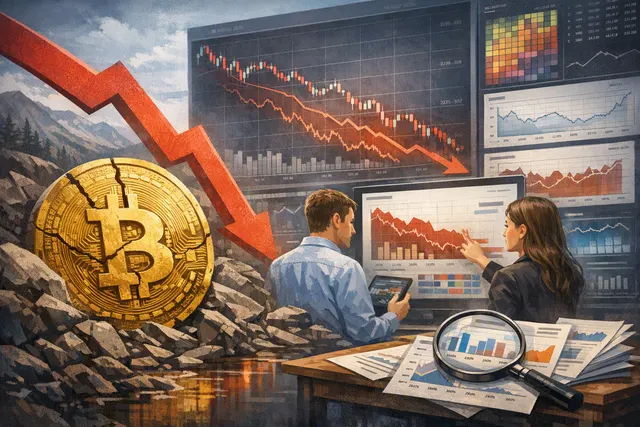 Bitcoin bear market chart with institutional ETF flows and on-chain metrics overlay illustrating Grayscale and Bitwise analysts' 2026 outlook
